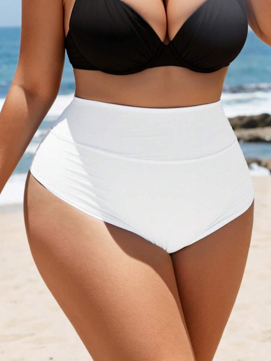 SHEIN Swim Basics 大码高腰褶皱吊带泳裤 - 白色 - 查看 1