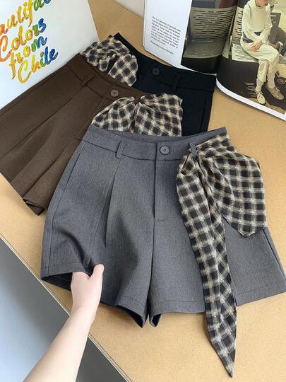 Women's Casual A-Line Shorts With Detachable Plaid Scarf Decor, Spring/Summer