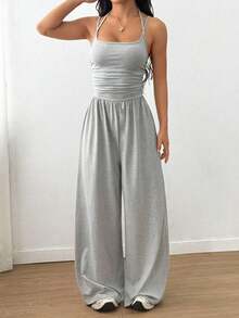 Swisz Women's Long Leg Jumpsuit With Double Straps And Front Pleats, Elegant Casual Style - Xám - Xem 2