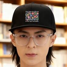 A cute and cool baseball cap with a black flower pattern imprint and the words "What Makes You Different Is What Makes You Beautiful" retro Baseball cap low cap duckville cap snapback cap duck cap fashionable baseball cap low cap snapback visual flat bill cap large head around haphop baseball cap unisex graphic print ball cap sports breathable small head around snapback cap - ブラック - チェックする 1