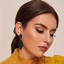 Elegant Crystal Rhinestone Bridal Earrings, Double Leaf Pendant, Alloy Material, Suitable For Weddings And Parties - Valentine's Day Gift - màu đen - Xem 3