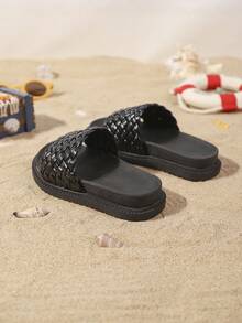 Kids' Fashion Slippers, New Summer Thick Bottom Woven Soft Bottom Design Stylish & Comfortable Flat Slippers, Unisex - Black - View 3