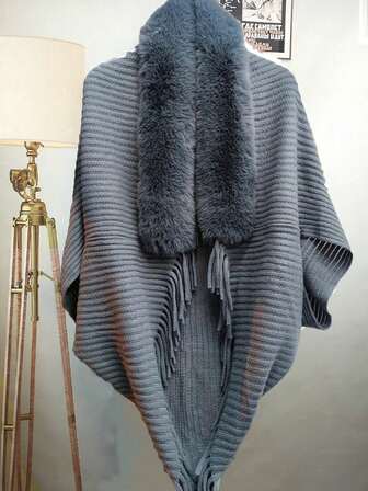 1pc Hooded Poncho With Wide Fur Collar, Warm Fringed Knit Cardigan, Luxury Fluffy Shawl For Women