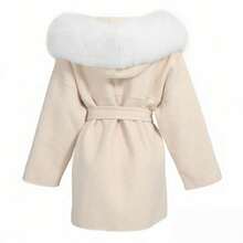 Women's Luxury Woolen Coat, OverSized Fox Fur Collar, Waist Cinching, Cream Color, Timeless Elegance, SuiTable For Winter Fashion - Apricot - View 4