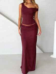 一件优雅休闲性感不对称/不对称开衩拉链针织连衣裙，适合婚礼及所有夏季季节穿着。 - 酒紅色 - 查看 1