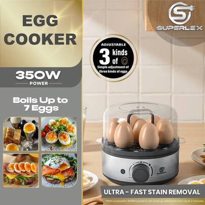 SUPERLEX Rapid Egg Cooker, A 7-Egg Capacity Stainless Steel Electric Steamer, Equipped With A 30-Minute Timing Function. The Set Includes A Measuring Cup And An Egg Piercer. It Will Emit A Beep Reminder When Finished. It Is Suitable For Various Cooking Methods Such As Boiled Eggs, Soft-Boiled Eggs, Scrambled Eggs Or Omelets. It Adopts A Detachable Design, Making Cleaning More Convenient, And Has An Automatic Power-Off Function.