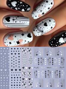 4 Sheets 3D Valentine's Day Minimalist Black & White Heart Star Nail Art Stickers -Black/White Hearts, Stars, Polka Dots, Striped Lines & Intricate Heart Design Nail Art Decals For Women DIY Nail Decoration - Black and White - View 10
