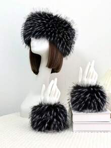 人造毛皮发箍和耳套套装 | 弹力蓬松狐狸毛波西米亚风发饰，女士适用 | 冬季节日派对头饰（1 套）蓬松发箍、毛绒耳罩、冬季发带、波西米亚风配饰、节日装备、情人节礼物