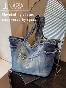 New Fashion Street Chain Decorated Jeans Tote Bag, Versatile Commuting Large Capacity Raw Edge Design Shoulder Bag, Casual Multi-Pocket Handbag, Suitable For Shopping And Commuting. - Nhiều màu - Xem 4