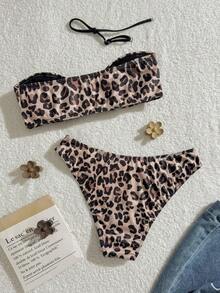 Bộ bikini nữ mùa hè họa tiết da báo, gồm áo và quần, có dây đeo vai tháo rời. - Họa tiết da báo - Xem 3