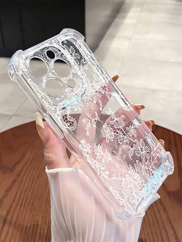 1pc Elegant Romantic Lace Pattern Transparent Anti-Slip Anti-Drop Soft Phone Case Compatible With IPhone 11/12/13/14/15/16/17 Pro Max