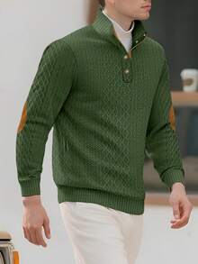 Men's Casual Fashion Half-Zip Jacquard Knit Henley Polo Shirt, Fashionable And Durable Vintage Style, Contrast Elbow Patch, Herringbone Pattern In Khaki, Suitable For Casual Office, Daily And Weekend Wear, Autumn/Winter - Green - View 5