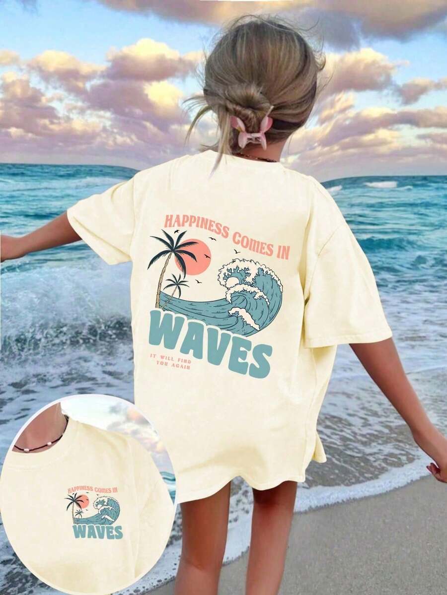 Tween 女童休闲趣味印花圆领短袖 T 恤，夏季 - 杏色 - 查看 1