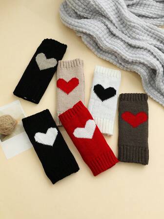 1 par de calentadores de brazo de mujer con patrón de corazón tejido, de unicolor, lindos y cálidos