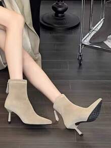 Cizme scurte cu toc subțire și vârf ascuțit pentru femei, toamnă/iarnă 2025, cizme la modă elastice din piele întoarsă - Kaki - Vizualizare 2