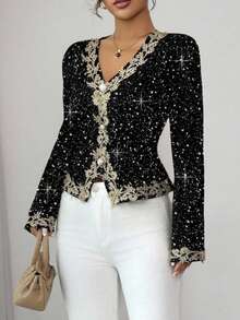 Shiny Sequin V-Neck Button Front Shirt, Versatile & Stylish, Suitable For Dates At Night In Autumn/Winter - Black - View 3