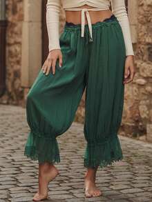 Women Long Bloomer Pants Lace Trim Victorian Pantaloons Capri Pants Lounge Pjs Pettipants Y2K Pajama Bottoms Ruffle Pumpkin Pants Under Dress Slips - màu xanh lá - Xem 2