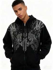 Y2K Grunge Zip-Up Hoodie With Gothic Emo Graphic Designoversized Streetwear Jacket, Loose Casual Sweatshirt Fortrendy Urban Style And Everyday Outfits - màu đen - Xem 4