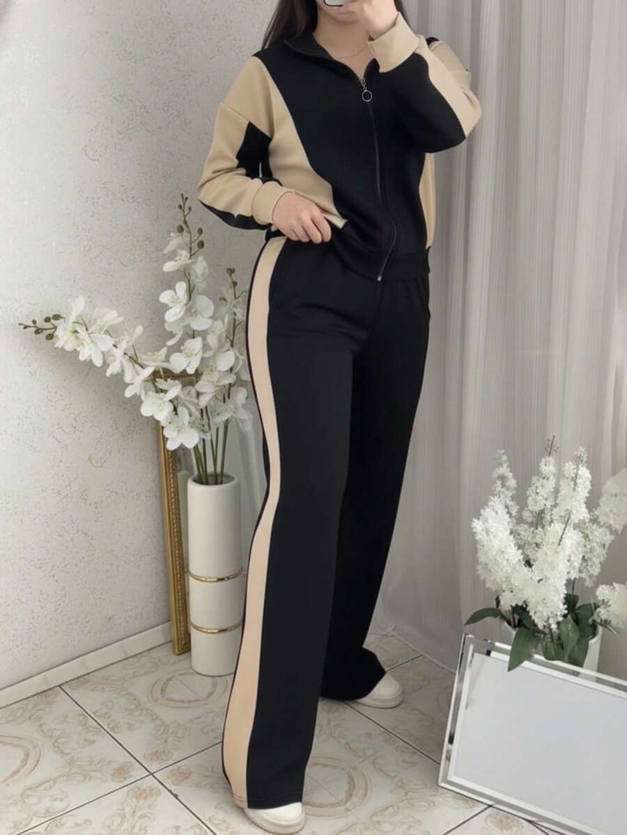 Women's Contrast Color Patchwork Jacket And Pants 2 Pieces Set, Autumn/Winter Black Spring Elegant - Black - View 1