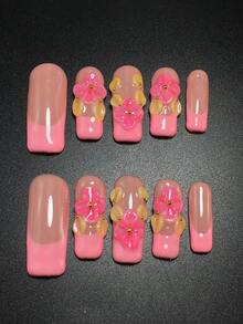 Cada set de 10 piezas de uñas postizas cuadradas largas de 33mm hechas a mano de manera artesanal, uñas francesas de colores múltiples con modelado tridimensional, pegamento de tallado, artesanía linda y de moda, versátil, adecuado para que las mujeres lo usen en una variedad de ocasiones como fiestas, bailes y uso diario.
