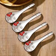 4/5件套亚洲陶瓷勺，长柄，易握，底部防滑，适用于日式拉面、中式和越南面条汤、意面等。