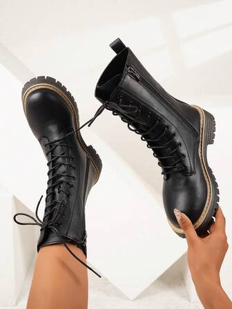 女士时尚休闲侧拉链搭扣机车靴，西部靴，粗跟鞋，黑色靴子，秋冬鞋，高筒靴，橡胶鞋，过膝靴，中筒靴