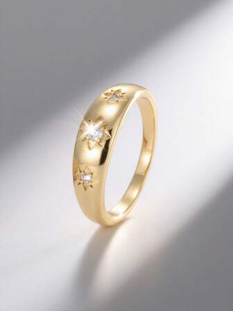 Charm-In Kadınlar İçin 1 Adet Altın Renkli Yuvarlak Yıldız Zirkon Taşlı Yüzük, Günlük Takı