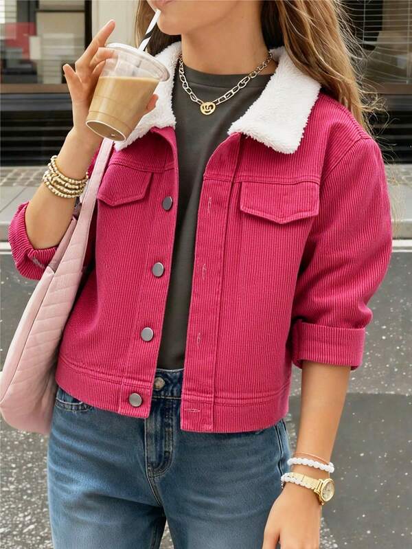 1pc Girls Plus Thermal Lined Corduroy Collar Long Sleeve Jacket, Autumn/Winter