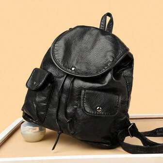 Fashionable Versatile Solid Color Multi-Pocket Drawstring Flap Large Capacity Vacation Travel Shopping Handheld Shoulder Backpack For Women