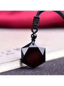1pc Fashion Obsidian Hexagonal Pendant Necklace - Unisex Stone Chain Casual Outfits, Parties And Gifts - 吊飾+黑色繩子 - 查看 9