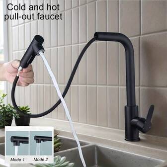 Grifo de cocina moderno y minimalista de color negro con diseño de doble rociado, instalación en encimera de un solo orificio, fácil de instalar, adecuado para fregadero de cocina o balcón, incluye manguera de suministro de agua