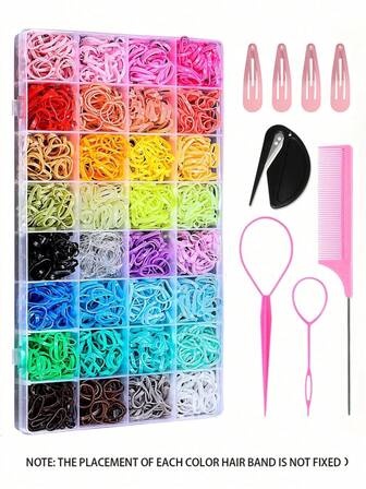 9件套美发饰品套装：包含1盒2000个发圈、2个编发工具（适用于各种发型）、4个水滴夹和刘海夹、1个钢丝尖尾梳（用于挑染）、1个发圈取下器（不会损伤头发）、美发造型套装、美发工具套装