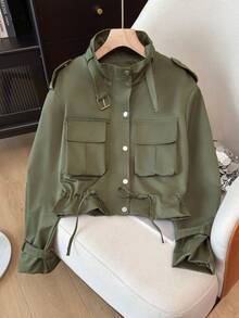 Chaqueta de estilo utilitario para mujer, cuello de embudo de moda, múltiples bolsillos con cordón en la cintura, chaqueta corta de motocicleta para verano - Verde militar - Ver 3