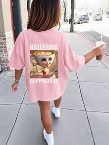 Tween Girl 休闲趣味“意大利 Brainrot Coffee Ballerina”图案印花圆领短袖 T 恤，夏季上衣 - 粉色 - 查看 1