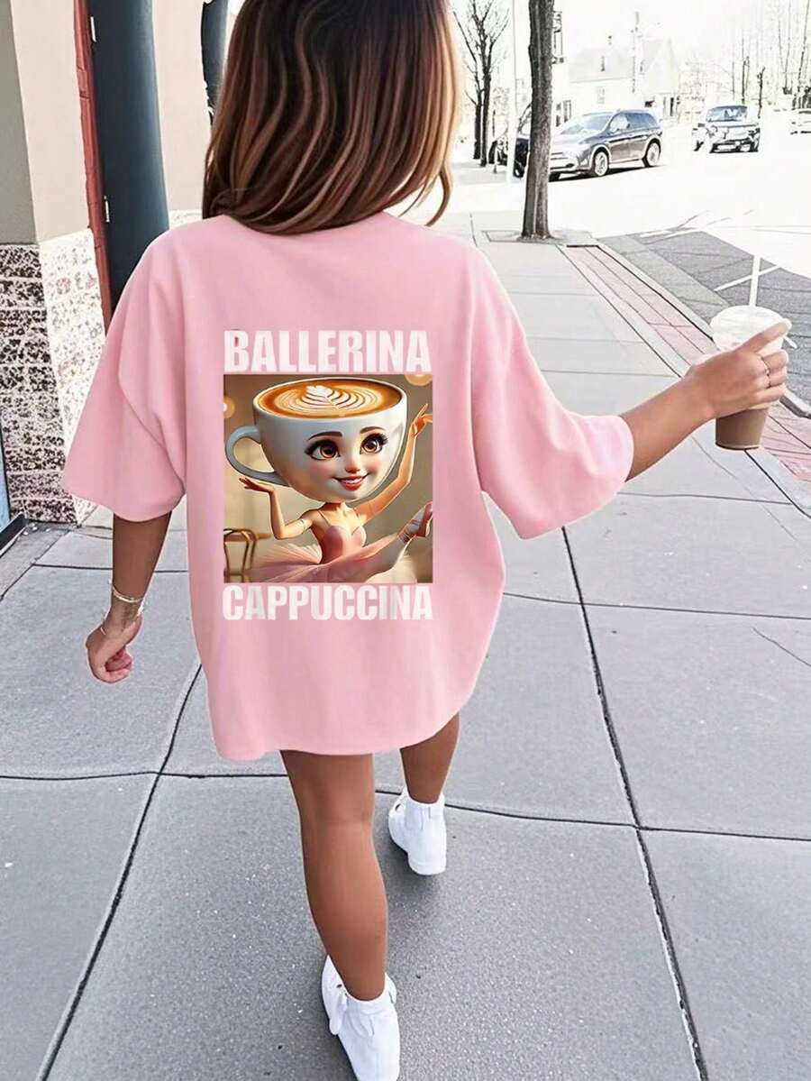 Tween Girl 休闲趣味“意大利 Brainrot Coffee Ballerina”图案印花圆领短袖 T 恤，夏季上衣 - 粉色 - 查看 1