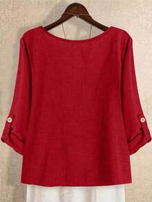 Plus Size Women's Solid Color Asymmetric Collar Fashion Roll-Up Sleeve Long Sleeve Shirt With Tie, Suitable For Christmas And New Year