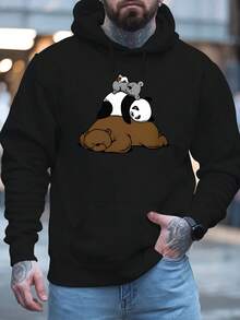 Sudadera con capucha de patrón cómodo para hombres con diseño de panda y canguro - Sudadera suave para otoño e invierno, sudadera gris con ribete negro, regalo perfecto para hombres, ropa de otoño | Top estampado animado | Tratamiento de tela brillante, regalo de panda - Negro - Ver 2