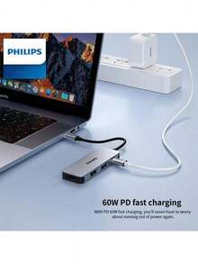 PHILIPS Đế cắm 4 trong 1 SWR1607G/93 Type-C: Đầu ra video HDMI, bộ chuyển đổi dữ liệu USB, tương thích với các thiết bị Huawei và Apple, hỗ trợ kết nối điện thoại di động và máy tính xách tay. - Xám không gian - Xem 4