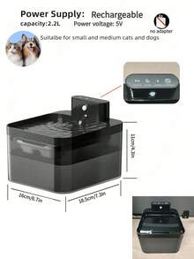 2.2L/74.4oz Wireless Cat Water Fountain - Wireless Pet Water Dispenser With Sensor - Rechargeable Pet Water Bowl, Battery Powered - Black - Multicolor - View 3