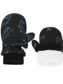 1双加厚冬季雪地玩耍儿童手套，户外保暖卡通恐龙儿童手套 - 彩色 - 查看 19