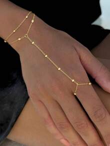 1pc Fashionable Personalized Minimalist Metal Beaded Chain Finger Ring, Versatile, Suitable For Daily Wear (Handcrafted Chain Cut To Appropriate Length, Random Bead Quantity) Valentine's Day Accessories - Gold - View 3