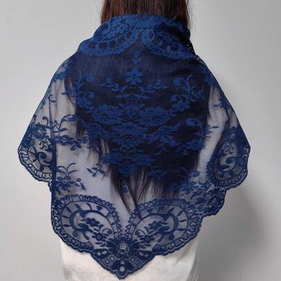125cm*60cm/1 pieza Velo triangular azul marino vintage, delicado, romántico y elegante con estampado floral, tocado nupcial, accesorio para vestido de novia de iglesia, elegante chal de nicho, cortina, funda de sofá, decoración de encaje para manualidades y textiles para el hogar