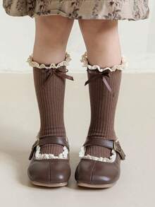 1/2 Pairs Girls' Soft Knit Ribbed Lace Trim Bow Tie Knee High Socks, Versatile For Casual, Party, School, Vacation, All Seasons, Children Gift