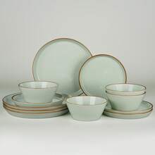 Richmount 12-Piece Plates And Bowls Sets For 4, 12 Pieces Stoneware Dish Set - Chip And Scratch Resistant, Round Tableware Set - 淺綠色帶棕色邊緣 - 查看 1