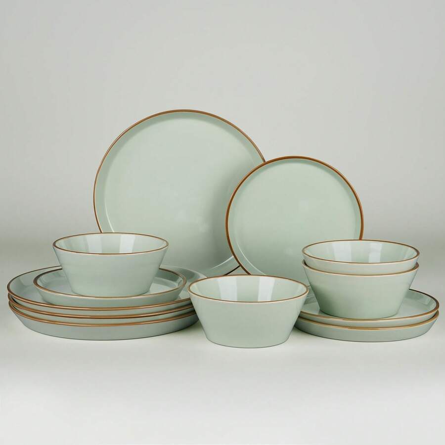 Richmount 12-Piece Plates And Bowls Sets For 4, 12 Pieces Stoneware Dish Set - Chip And Scratch Resistant, Round Tableware Set - 淺綠色帶棕色邊緣 - 查看 1