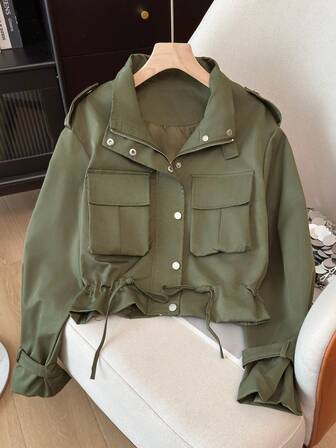 Jaqueta Utilitária Feminina para Outono/Inverno, Gola Funil na Moda, Multi-Bolsos com Design de Cintura com Cordão, Jaqueta de Motocicleta Casual para Uso Diário, Festa e Lazer