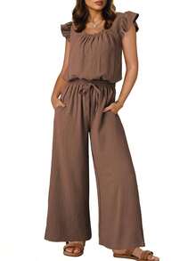 Womens Summer Loose Spaghetti Strap Short Jumpsuit Rompers - Caqui - Ver 3