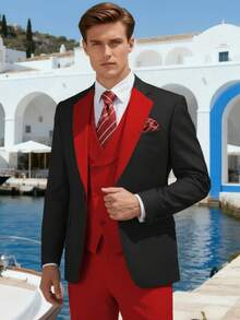 Men's Suits Slim Fit 6 Piece Suits For Men Double Breasted Suit With Tie Brooch Pocket Square Wedding Suits Jacket Vest Pants Tuxedo Suit Set(Suits+Pants+Vest+Tie+Brooch+Pocket Square)For Business Dinner Wedding Party, Suitable For Formal Occasions, Perfect Gift For Business Professionals Spring/Summer/Fall, Formal Attire|Sleek Formal Attire|Nonstretch Fabric - Đen-Đỏ - Xem 7