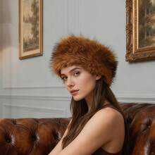 秋冬帽子，人造毛皮发带，厚实保暖无檐帽，无檐敞顶帽 - 彩色 - 查看 4