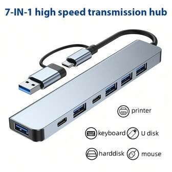 7-In-1 High-Speed USB 3.0 Hub With Type-C And USB-A Ports, SB Extender Typec Adapter Car Charger, Tablet And PC Friendly, 5V Power Supply, Compact Design For Portable Use, Laptop USB Hub, Suitable For More PC/Laptop/Tablet Devices/Electronics/Computer Accessories/Peripheral Devices/Port Adapters/Aluminum Alloy Shell